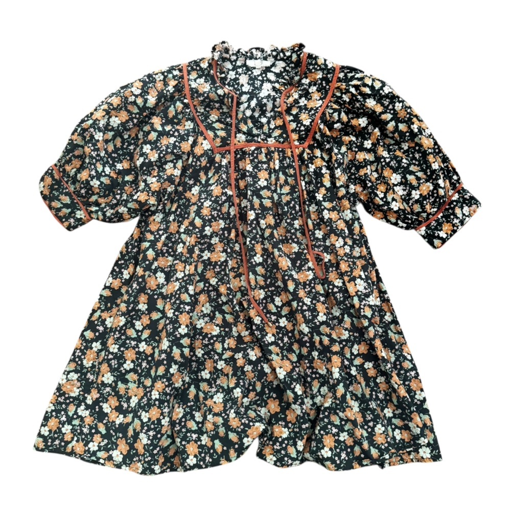 entro Black Floral Midi Dress with Rust Trim